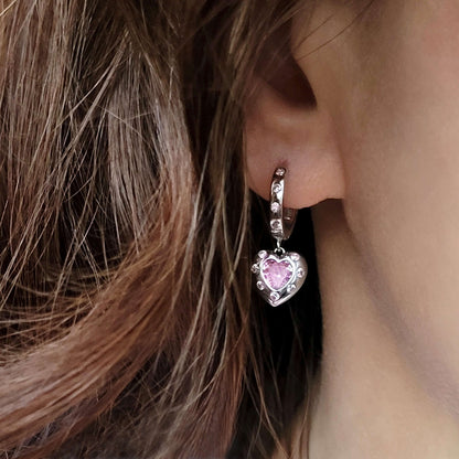 Pink Heart Hoop Earrings in Sterling Silver