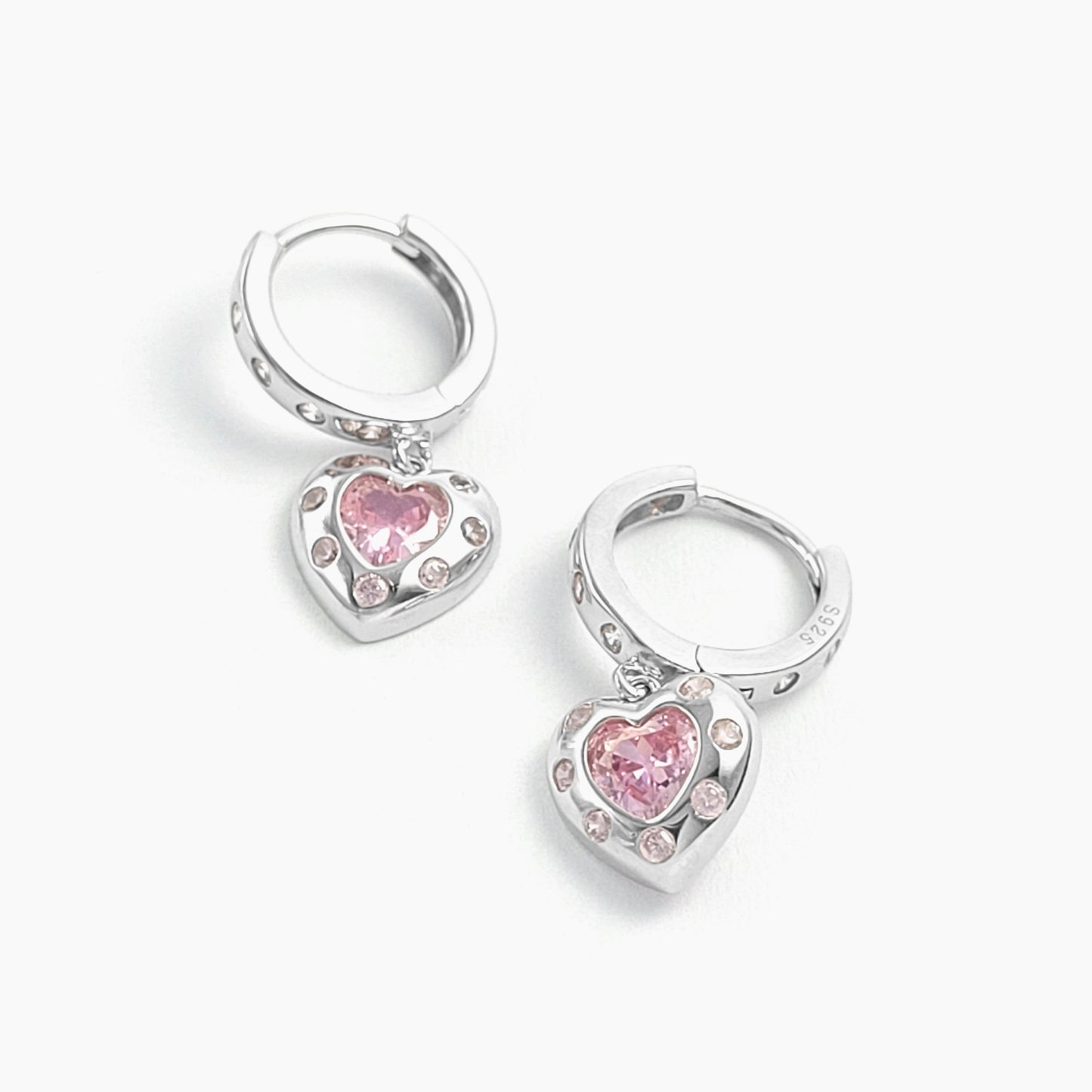 Pink Heart Hoop Earrings in Sterling Silver